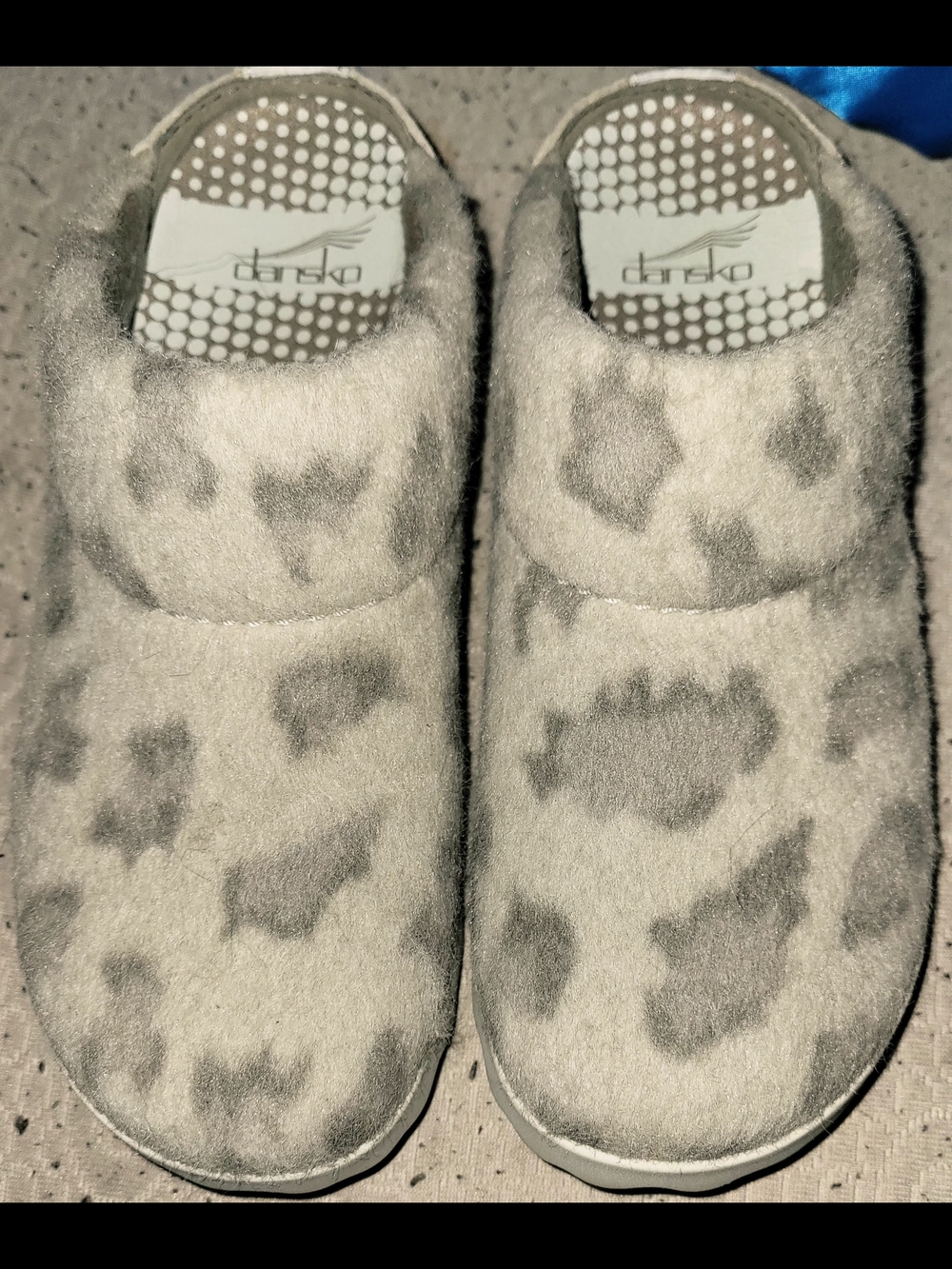 Dansko Gray Leopard Print Fuzzy Slip-On Clogs